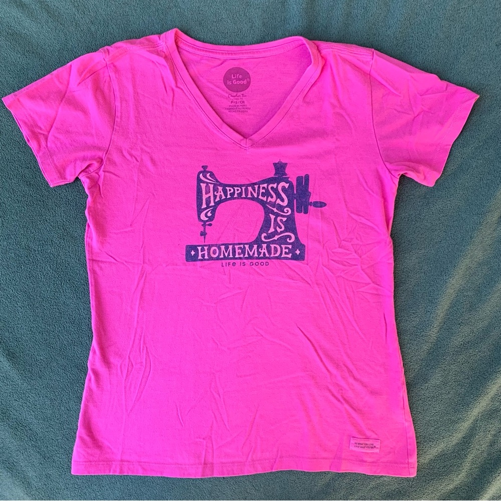 Pink “Happiness is Homemade” Sewing Machine V-Neck Crusher Tee Life Is Good